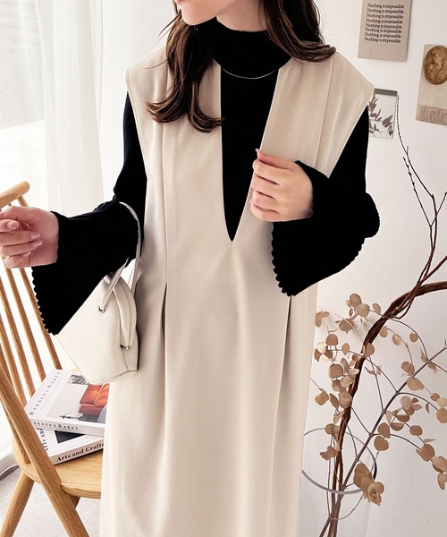 GeeRA（ジーラ）の「楽ちん！ストレッチキーネックジャンスカ（ジャンパースカート・レディース・アイボリー/ブラック・MEDIUM/LARGE）」の2枚目の写真