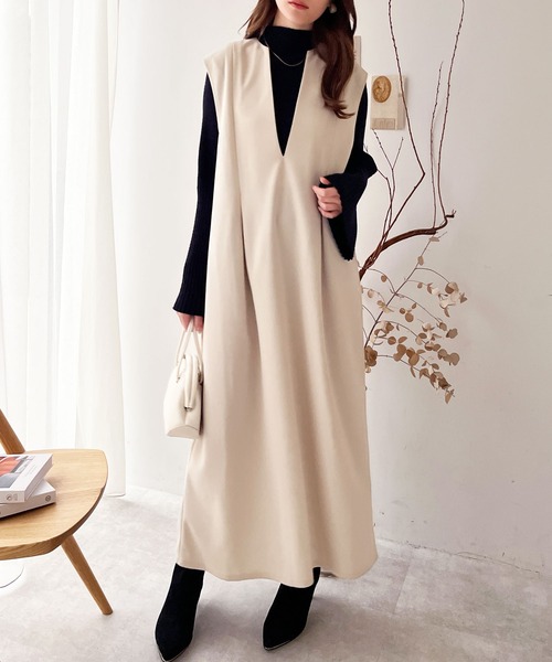 GeeRA（ジーラ）の「楽ちん！ストレッチキーネックジャンスカ（ジャンパースカート・レディース・アイボリー/ブラック・MEDIUM/LARGE）」の4枚目の写真