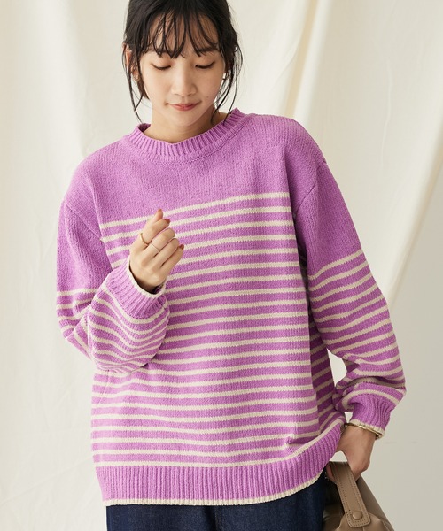 CRAFT STANDARD BOUTIQUE(クラフトスタンダードブティック)の「洗えるモールニットボーダープルオーバー(ニット/セーター・レディース・ブラック/アイボリー/ブルー/グレイッシュベージュ/パープル・FREE)」の1枚目の写真