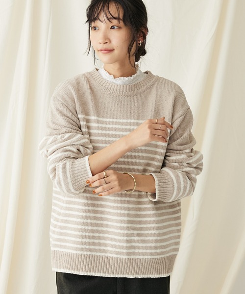 CRAFT STANDARD BOUTIQUE(クラフトスタンダードブティック)の「洗えるモールニットボーダープルオーバー(ニット/セーター・レディース・ブラック/アイボリー/ブルー/グレイッシュベージュ/パープル・FREE)」の4枚目の写真