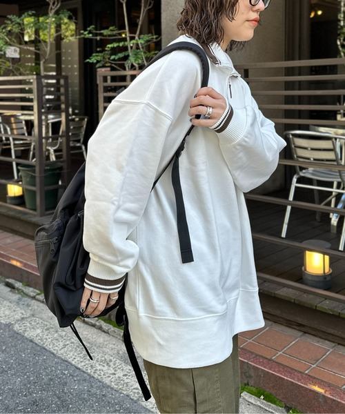 CPCM(シーピーシーエム)の「クマ刺繍ラインハーフジップ裏毛プルオーバー(スウェット・レディース・ネイビー/グレー/オフホワイト・F)」の7枚目の写真