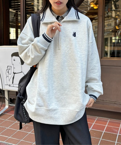 CPCM(シーピーシーエム)の「クマ刺繍ラインハーフジップ裏毛プルオーバー(スウェット・レディース・ネイビー/グレー/オフホワイト・F)」の12枚目の写真