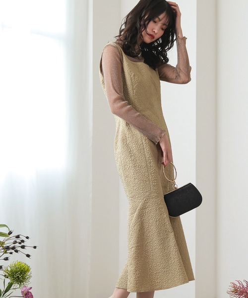 Kana（カナ）の「シースルー トップス 膨れジャガード マーメイド ワンピース パーティー ドレス  結婚式 お呼ばれ オケージョン（ドレス・レディース・ブラック/ベージュ・S/M）」の9枚目の写真