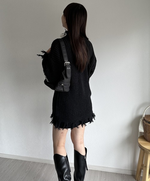 ボタンニットトップス ブラック sundrydream21 82750 韓国コーデに】オーバーサイズダメージニットトップス（ニット