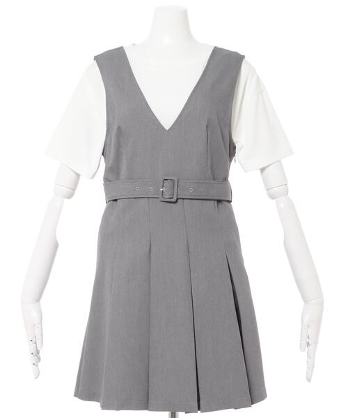 INGNI（イング）の「共ベルト付BOXプリーツジャンスカ（ジャンパースカート・レディース・ブラック/グレー・M）」の3枚目の写真