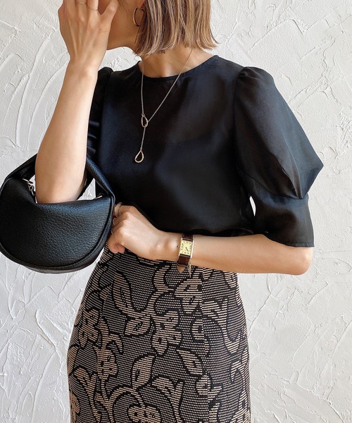 OHGA　オーガ　SAVON　サボン　シアーブラウス　パフスリーブ　ブラック SHIPS NINE CASE:〈洗濯機可能〉パフスリーブ ブラウス｜ SHIPS