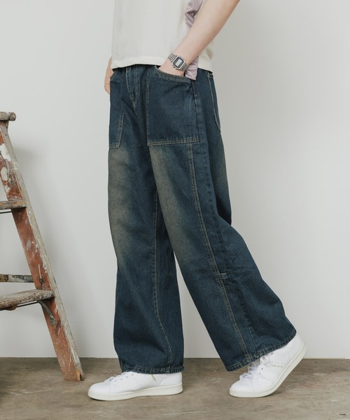 ALL RUNS(オールランズ)の「wide painter denim pants/ワイドペインターデニムパンツ ルーズシルエット ユニセックス ヴィンテージ調(デニムパンツ・メンズ・ブルー・M/L/XL)」の9枚目の写真