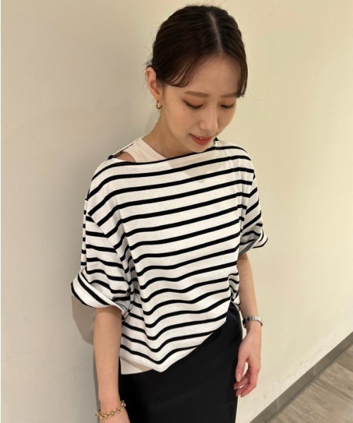 【セール】ルミノア短丈ワイドボーダートップス【マシーンウォッシャブル】(Tシャツ/カットソー)|Mila Owen(ミラオーウェン)