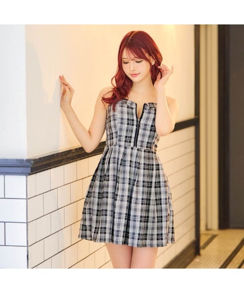 DAZZY(デイジー)の「フロントジップ モノトーン チェック プリーツ Aライン ミニドレス(ドレス・レディース・グレー・L/M/S)」の5枚目の写真