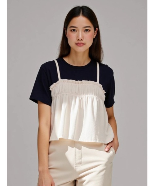 fifth(フィフス)の「ギャザービスチェ付きTシャツ(Tシャツ/カットソー・レディース・ホワイト/ブラック・M)」の4枚目の写真