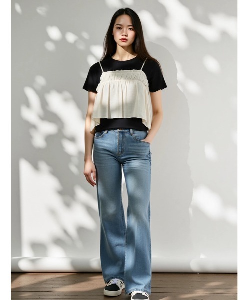 fifth(フィフス)の「ギャザービスチェ付きTシャツ(Tシャツ/カットソー・レディース・ホワイト/ブラック・M)」の3枚目の写真