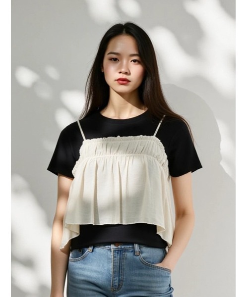 fifth(フィフス)の「ギャザービスチェ付きTシャツ(Tシャツ/カットソー・レディース・ホワイト/ブラック・M)」の7枚目の写真