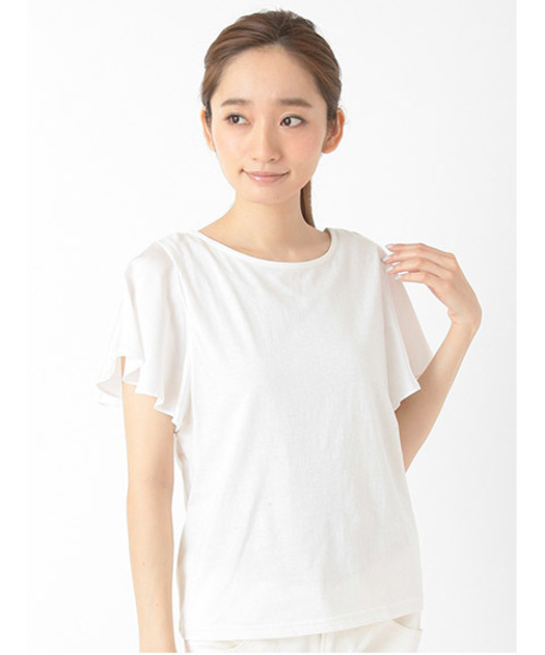 Green Parks(グリーンパークス)の「・W異素材フレアースリーブTシャツ(Tシャツ/カットソー・レディース・マスタード/オフホワイト/ネイビー/グリーン・FREE)」の1枚目の写真