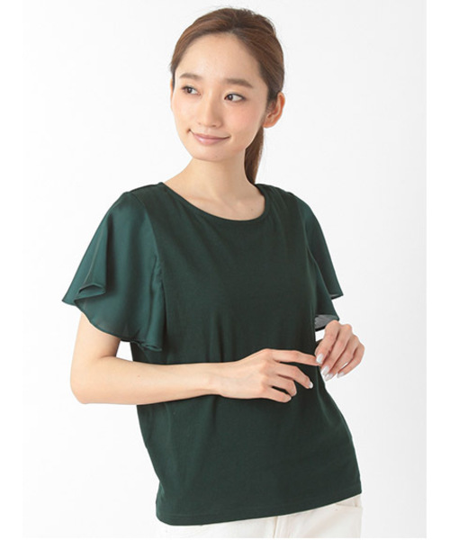 Green Parks(グリーンパークス)の「・W異素材フレアースリーブTシャツ(Tシャツ/カットソー・レディース・マスタード/オフホワイト/ネイビー/グリーン・FREE)」の2枚目の写真