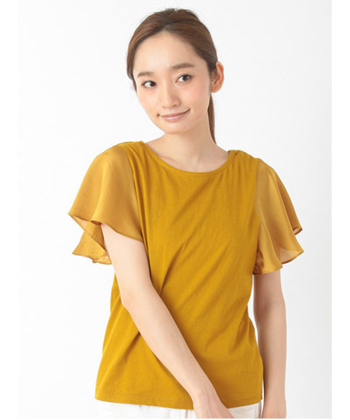 Green Parks(グリーンパークス)の「・W異素材フレアースリーブTシャツ(Tシャツ/カットソー・レディース・マスタード/オフホワイト/ネイビー/グリーン・FREE)」の4枚目の写真