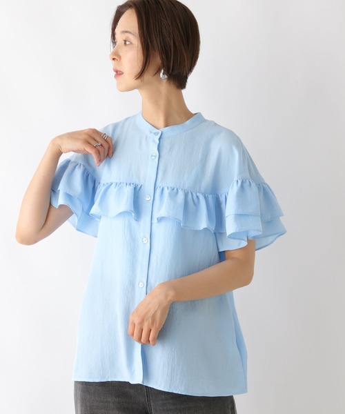 ♡美品♡ 【45R】45rpm シャツ　ブラウス　フリル　長袖　ブルー UNTITLED（アンタイトル）の「【オンオフ使える/洗える】長袖フリル