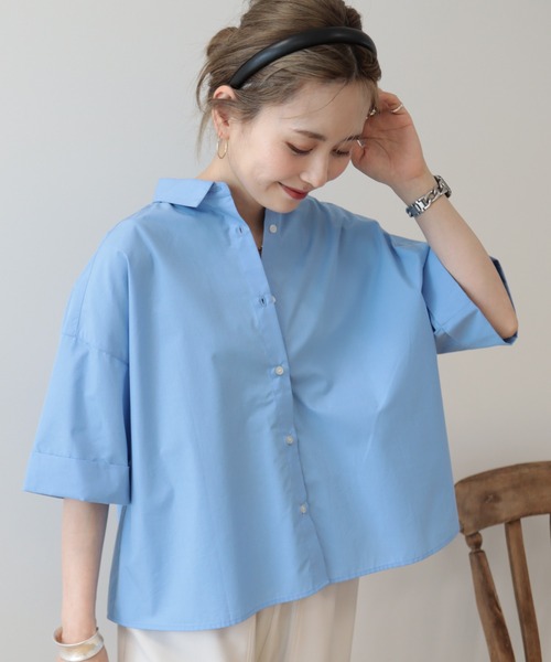 AMERICAN HOLIC(アメリカンホリック)の「イージーケア5分袖バックタックシャツ(シャツ/ブラウス・レディース・ネイビー系2/ベージュ系その他2/サックスブルー/オフホワイト・M/L)」の2枚目の写真