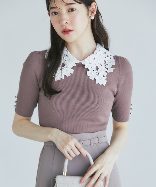tocco closet(トッコ クローゼット)の「2WAYフラワーレース襟付きリブニットプルオーバー(ニット/セーター・レディース・モカ/チャコール/ブラック/ネイビー/オフホワイト・M)」の4枚目の写真