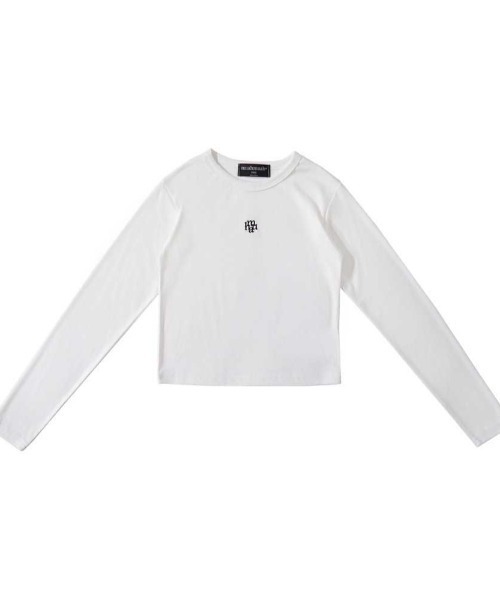 muahmuah(ムーアムーア)の「A'GEM/9 × .kom 『muah muah/ムーアムーア』 SIGNATURE CROP HALF T-SHIRT/シグニチャークロップハーフロングシャツ(Tシャツ/カットソー・レディース・ホワイト/ブラック・FREE)」の10枚目の写真