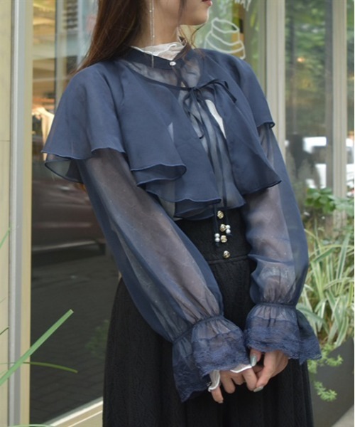 axes femme（アクシーズファム）の「ケープ付ラメショートブラウス（シャツ/ブラウス・レディース・ミント/ネイビー/ホワイト・FREE）」の3枚目の写真