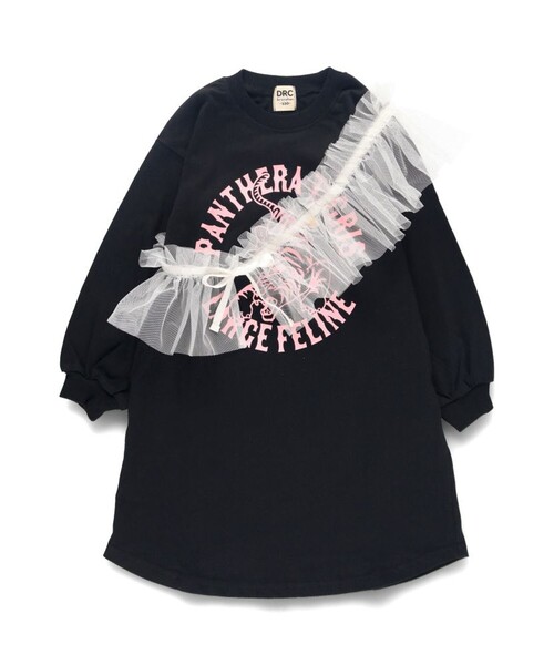 DRC branshes(ディーアールシーブランシェス)の「【WEB限定/DRC/お肌に嬉しい綿100%】グラフィック長袖ワンピース+チュールマルチフリルセット(ワンピース・キッズ・ブラック/チャコールグレー/ネイビー/カラフル/その他1・140/150/90/100/110/120/130)」の2枚目の写真