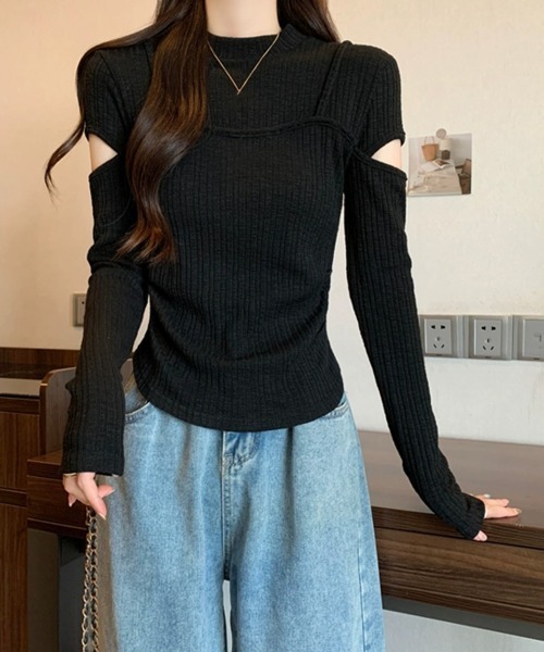 Miniministore(ミニミニストア)の「肌見せニットトップス 韓国風タイトニット(ニット/セーター・レディース・ベージュ/ブラウン/ブラック・FREE)」の1枚目の写真