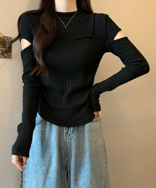 Miniministore(ミニミニストア)の「肌見せニットトップス 韓国風タイトニット(ニット/セーター・レディース・ベージュ/ブラウン/ブラック・FREE)」の4枚目の写真