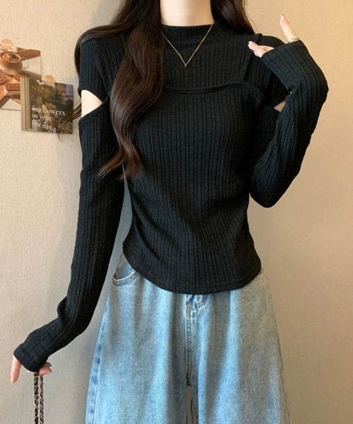 Miniministore(ミニミニストア)の「肌見せニットトップス 韓国風タイトニット(ニット/セーター・レディース・ベージュ/ブラウン/ブラック・FREE)」の5枚目の写真