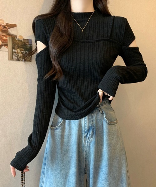 Miniministore(ミニミニストア)の「肌見せニットトップス 韓国風タイトニット(ニット/セーター・レディース・ベージュ/ブラウン/ブラック・FREE)」の6枚目の写真