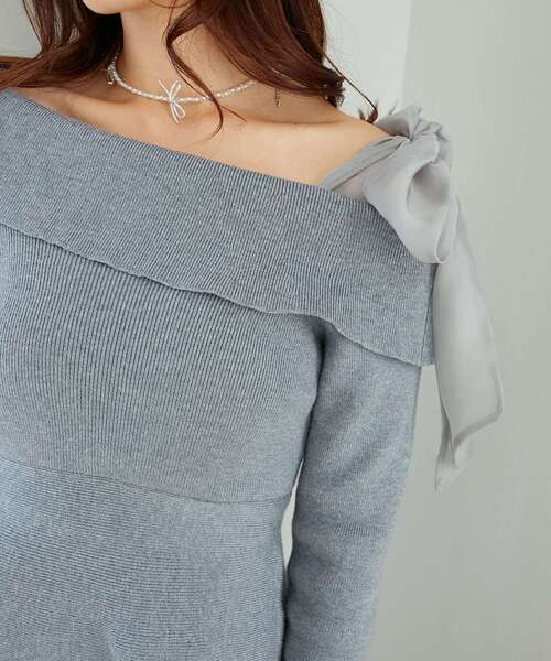 MAJESTIC LEGON（マジェスティックレゴン）の「マルチwayリボンオフショルワンピース（ワンピース・レディース・アイボリー/ブルー系その他5/ブラック/チャコールグレー・MEDIUM/LARGE）」の16枚目の写真