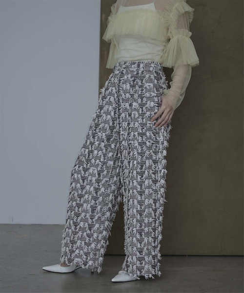 フリンジツイードワイドパンツ（その他パンツ）｜miette（ミエット） 6,589円