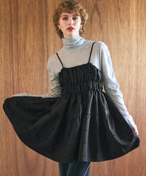 coca（coca）（コカ）の「フロッキードット柄 ハリ感キャミチュニック（キャミソール・レディース・ベージュ/ブラック・L/M）」の12枚目の写真