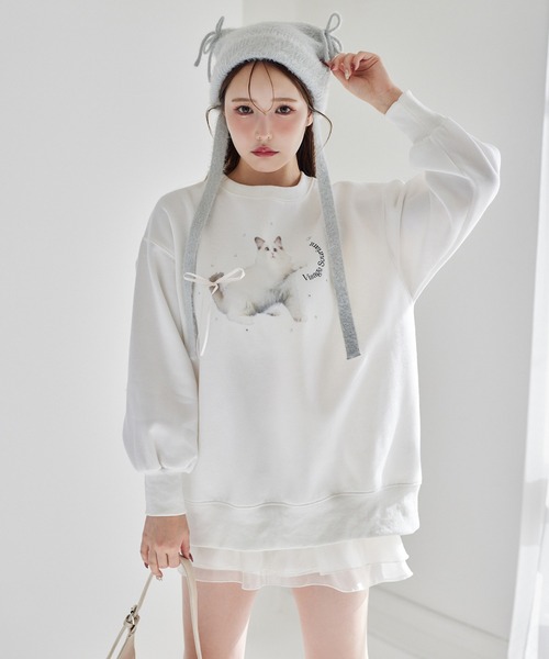 one after another NICE CLAUP(ワンアフターアナザーナイスクラップ)の「ねこちゃんアソートスウェット(スウェット・レディース・ホワイト系その他2/チャコールグレー/サックスブルー/ホワイト系その他・FREE)」の2枚目の写真
