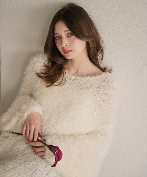 fupel（フぺル）の「lame shaggy back ribbon loose knit / ラメ