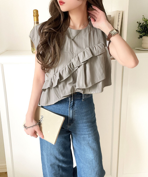 セール】大人かわいい◎フリル使いフレアペプラムトップス（半袖