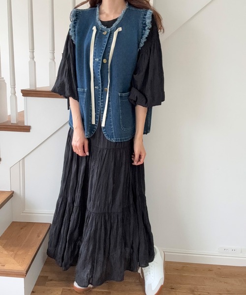 LAUIR（ラウアー）の「リボンデザインデニムベスト（ベスト・レディース・ブルー/ブラック・LARGE/MEDIUM/SMALL）」の8枚目の写真