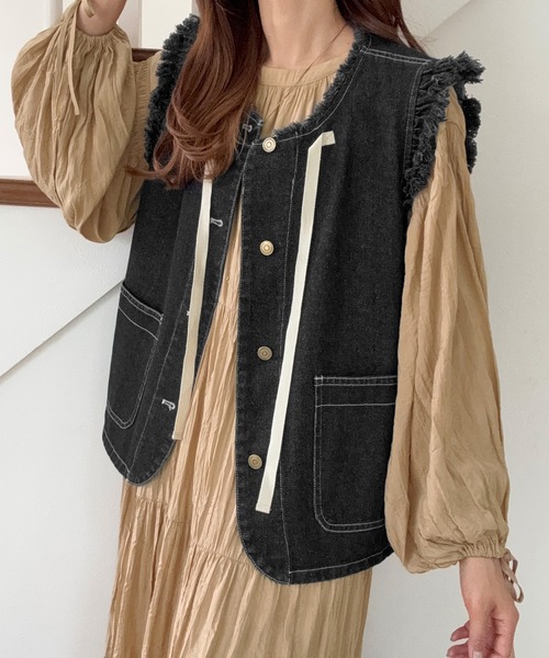 LAUIR（ラウアー）の「リボンデザインデニムベスト（ベスト・レディース・ブルー/ブラック・LARGE/MEDIUM/SMALL）」の13枚目の写真