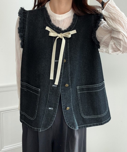 LAUIR（ラウアー）の「リボンデザインデニムベスト（ベスト・レディース・ブルー/ブラック・LARGE/MEDIUM/SMALL）」の18枚目の写真