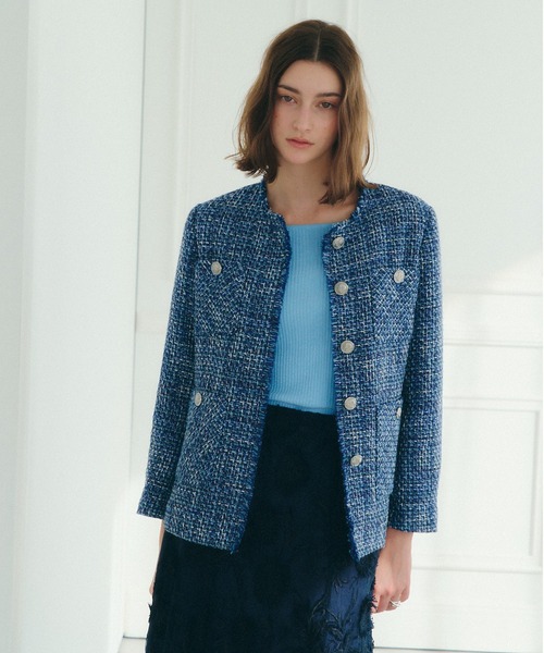 YECCA VECCA（イェッカヴェッカ）の「ノーカラーツイードジャケット（ノーカラージャケット・レディース・アイボリー/ブルー・FREE）」の6枚目の写真