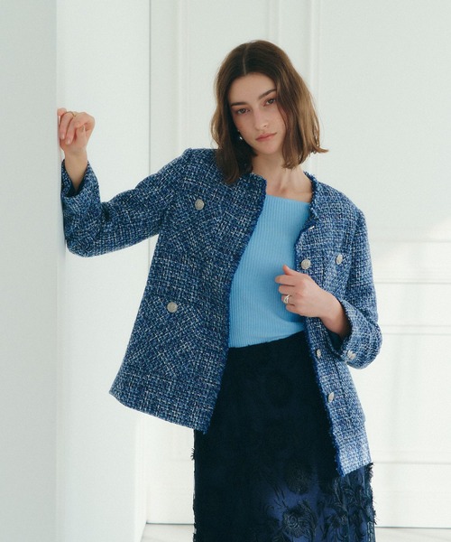 YECCA VECCA（イェッカヴェッカ）の「ノーカラーツイードジャケット（ノーカラージャケット・レディース・アイボリー/ブルー・FREE）」の5枚目の写真