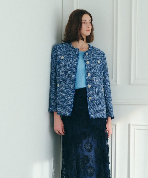 YECCA VECCA（イェッカヴェッカ）の「ノーカラーツイードジャケット（ノーカラージャケット・レディース・アイボリー/ブルー・FREE）」の7枚目の写真