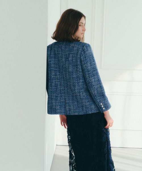 YECCA VECCA（イェッカヴェッカ）の「ノーカラーツイードジャケット（ノーカラージャケット・レディース・アイボリー/ブルー・FREE）」の9枚目の写真