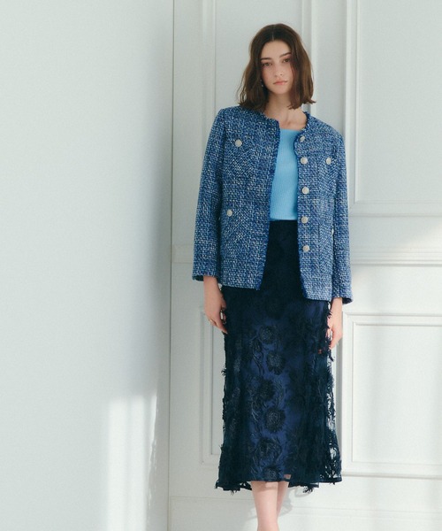 YECCA VECCA（イェッカヴェッカ）の「ノーカラーツイードジャケット（ノーカラージャケット・レディース・アイボリー/ブルー・FREE）」の11枚目の写真