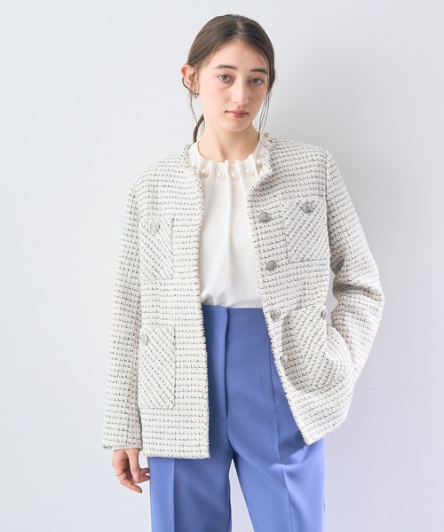 YECCA VECCA（イェッカヴェッカ）の「ノーカラーツイードジャケット（ノーカラージャケット・レディース・アイボリー/ブルー・FREE）」の16枚目の写真