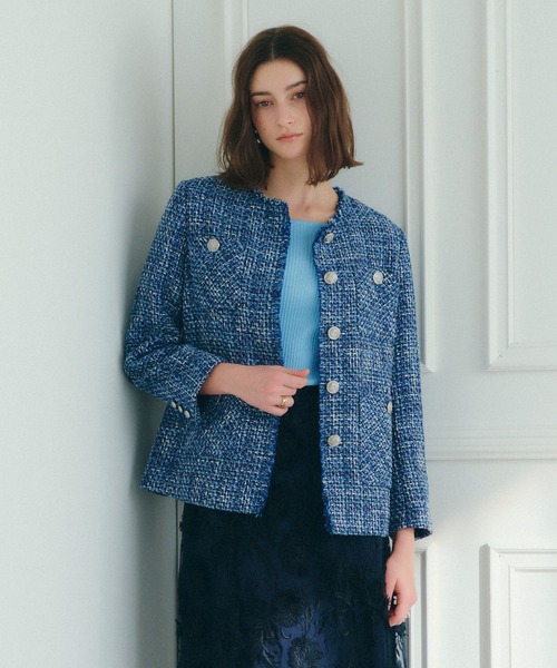 YECCA VECCA（イェッカヴェッカ）の「ノーカラーツイードジャケット（ノーカラージャケット・レディース・アイボリー/ブルー・FREE）」の4枚目の写真