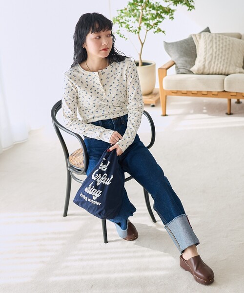 tシャツ 花柄針抜きフライス ヘンリートップス レディース FREAK'S STORE tシャツ 花柄針抜きフライス ヘンリーTシャツ