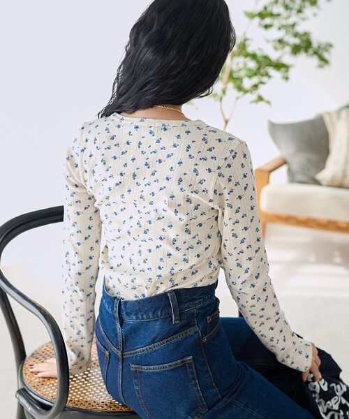 tシャツ 花柄針抜きフライス ヘンリートップス レディース FREAK'S STORE tシャツ 花柄針抜きフライス ヘンリーTシャツ