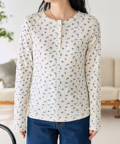 FREAK'S STORE（フリークスストア）の「花柄針抜きフライス ヘンリートップス（Tシャツ/カットソー・レディース・オフホワイト/グレー・ﾌﾘ-）」の19枚目の写真