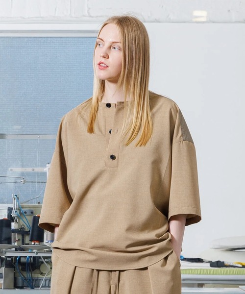 VOAAOV】 MELANGE LINEN LIKE Henry Neck Pullover（シャツ