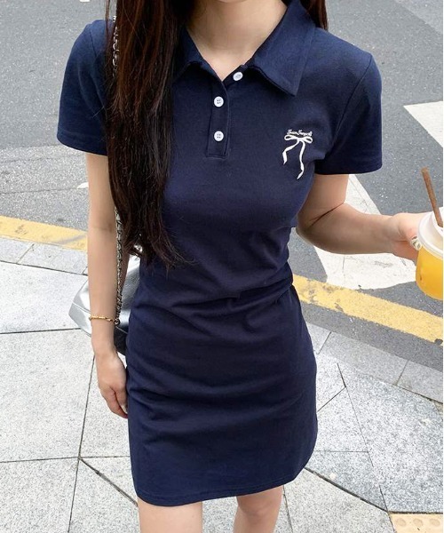 WEGO（ウィゴー）の「WEGO/リボン刺繍ポロワンピース（ワンピース・レディース・グレー/ネイビー・MEDIUM/LARGE）」の2枚目の写真